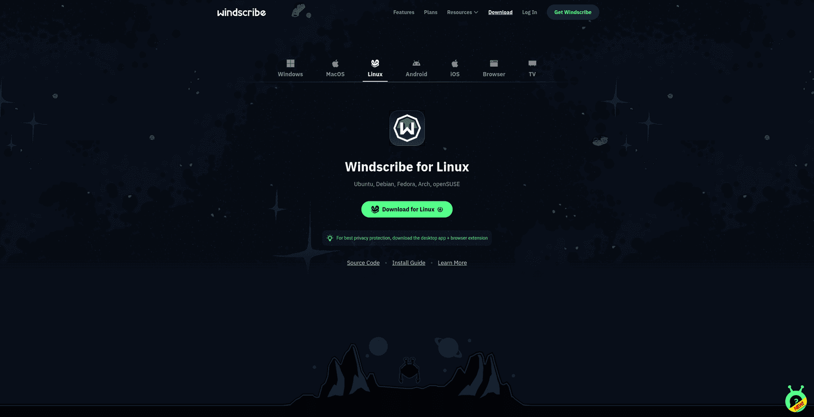 Windscribe download page with Linux selected and the Download for Linux button visible