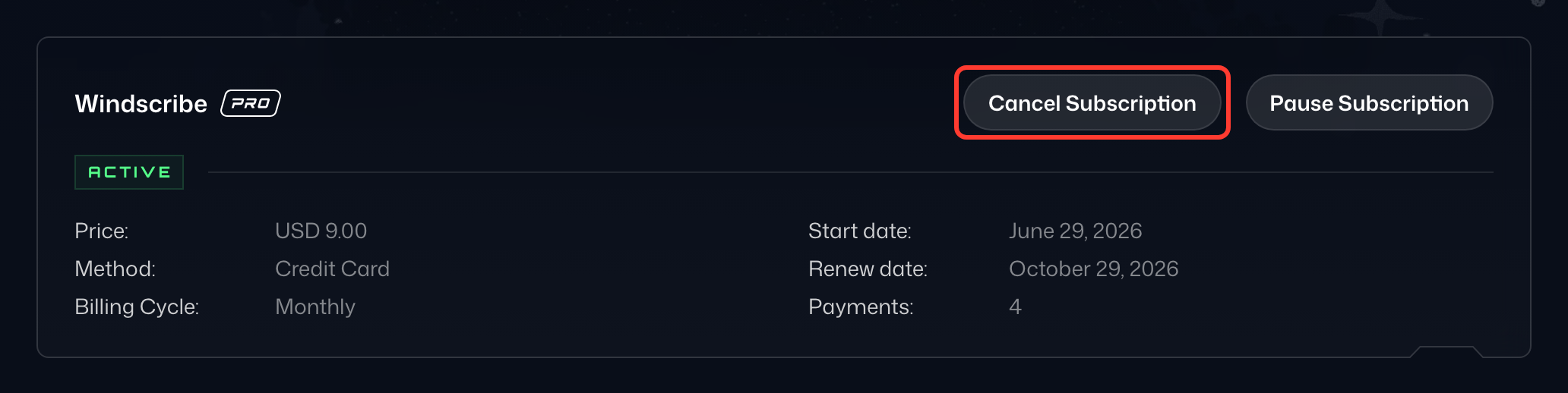 Cancel Subscription button on a subscription