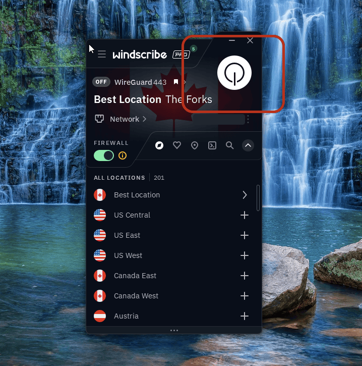Windscribe app disconnected with the power button highlighted and public IP redacted